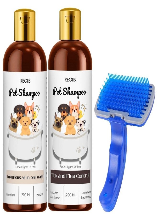 مجموعة شامبو ريجيس للحيوانات الأليفة مع فرشاة تنظيف، تركيبة متكاملة للغسيل ومكافحة القراد، 200 مل، عبوة من 3 قطع مع فرشاة تنظيف ذاتية للحيوانات الأليفة - Image 1